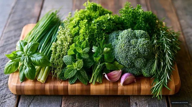 Fresh green herbs and vegetables on a wooden cutting board