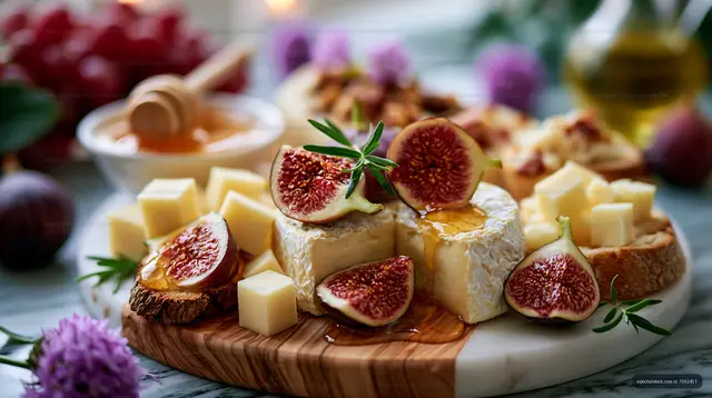 Cheese platter with figs and honey on wooden board