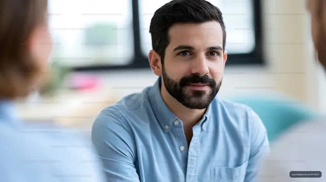 Man in blue shirt listens during a discussion in office setting