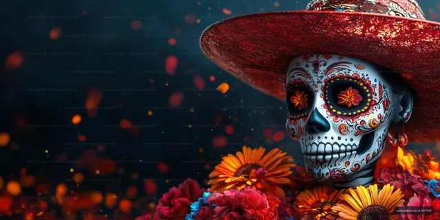 Skull figure wearing a hat and flower decorations