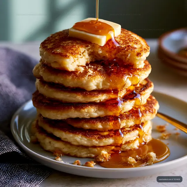 Stack of pancakes with butter and syrup on a plate