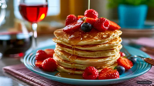 Stack of pancakes with berries and syrup on a blue plate