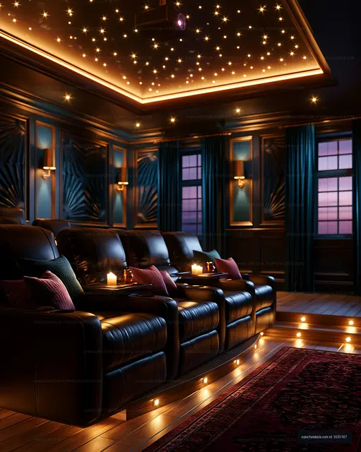Luxury home theater with reclining seats and starry ceiling lights