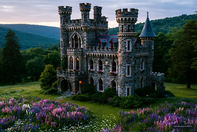 Stone castle surrounded by flowers in green landscape