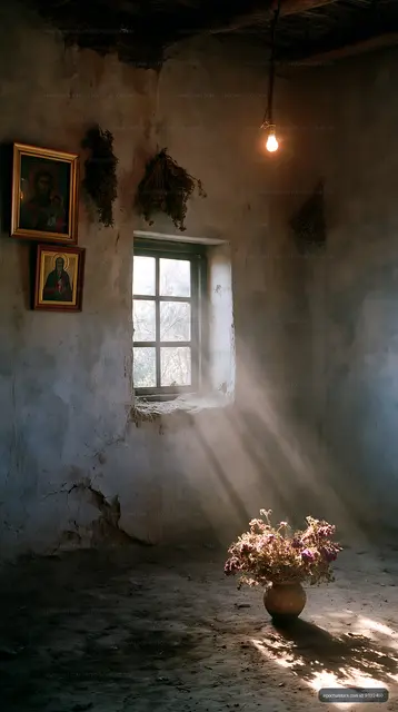 Light streaming through a window in a rustic room with flowers
