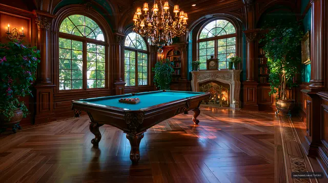 Elegant room with pool table and fireplace in a large mansion