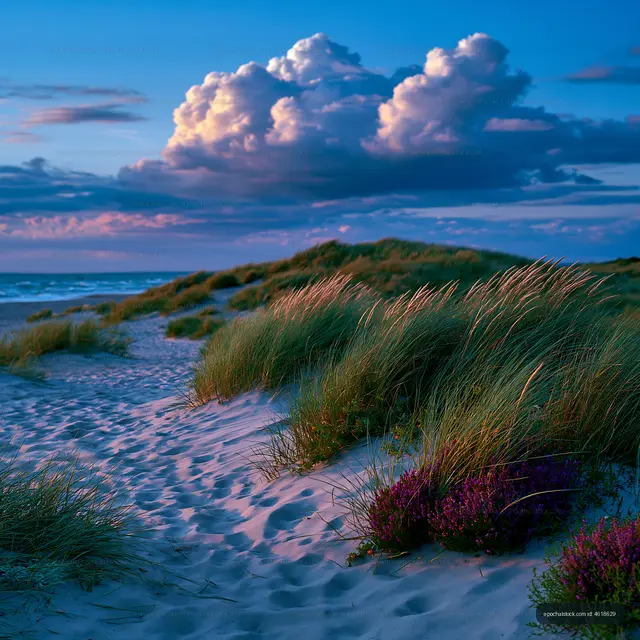 Dunes and grasses at the beach under a colorful sky