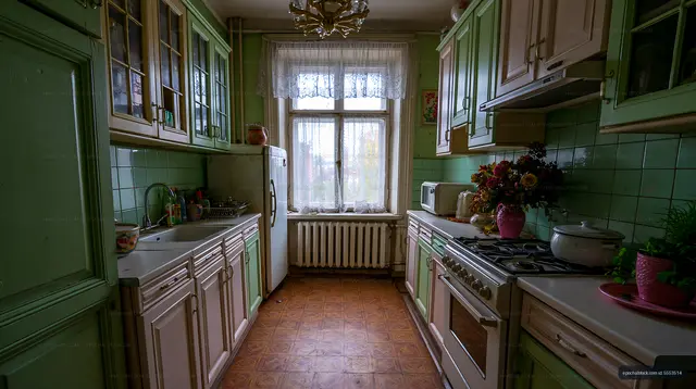 Green vintage kitchen with window and appliances