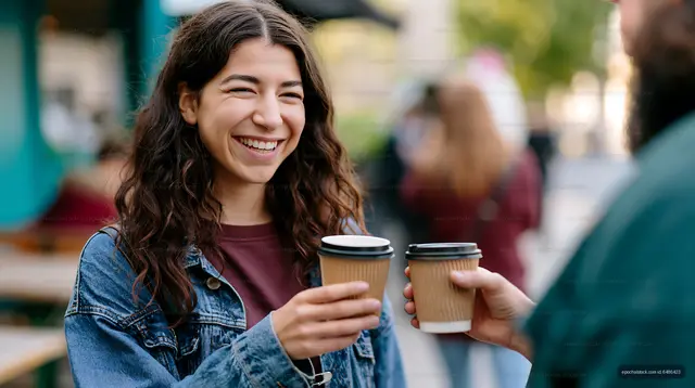 Smiling woman receiving coffee from a friend on the street