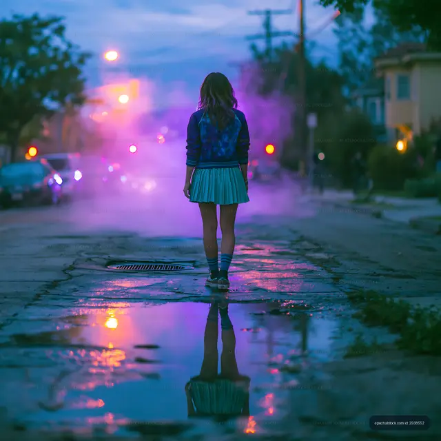 Young girl walking on street with fog and reflections at dusk