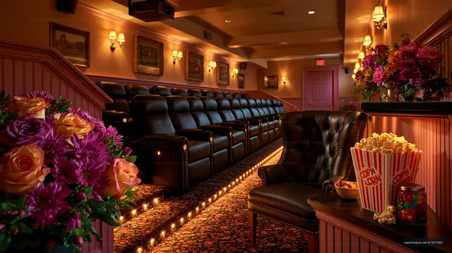 Cozy interior of a small cinema with seating and snacks
