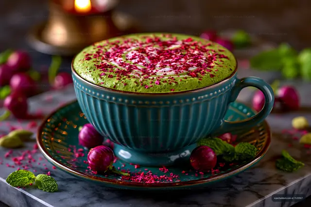 Matcha latte served in a turquoise cup with toppings