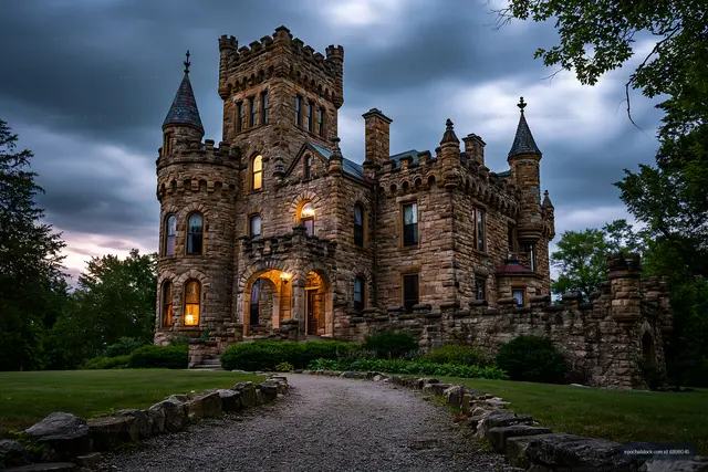Castle with gothic architecture under cloudy sky