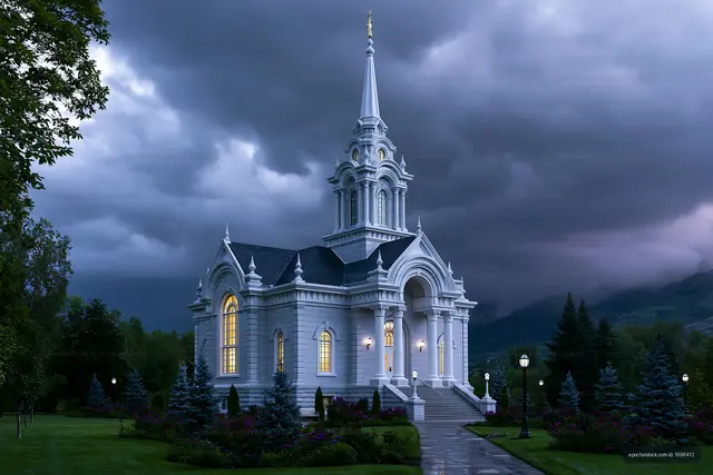 Church building under dark sky with storm clouds at dusk