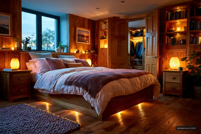 Cozy bedroom with warm lighting and wooden decor