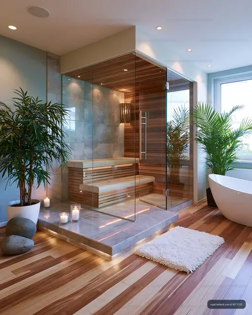 Modern bathroom with sauna and relaxing atmosphere
