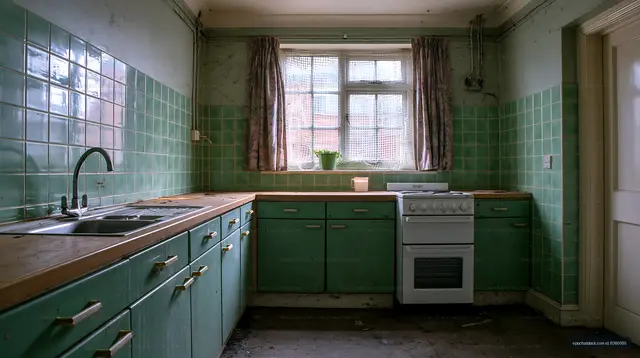 Old kitchen with green tiles and simple furnishings