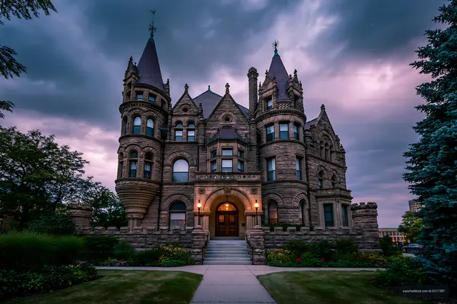 Historic mansion stands against a moody sky at dusk