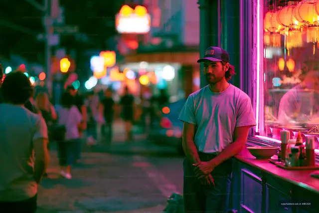 Man standing near shop window on busy street at night