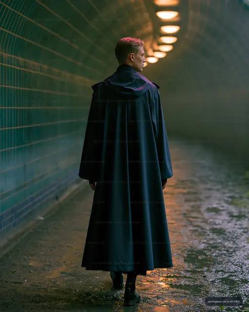 Man walking in a long cloak through an urban tunnel at dusk