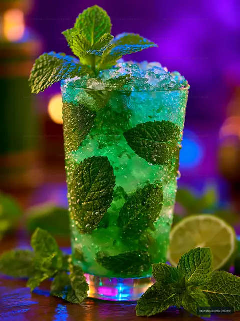 Cool mint drink in a glass with ice and green leaves