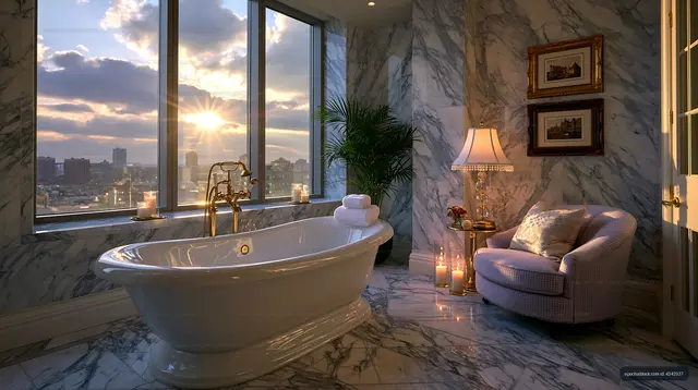 Elegant bathroom with tub and city view at sunset