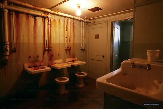 Old restroom with stained walls and sinks in a dimly lit space