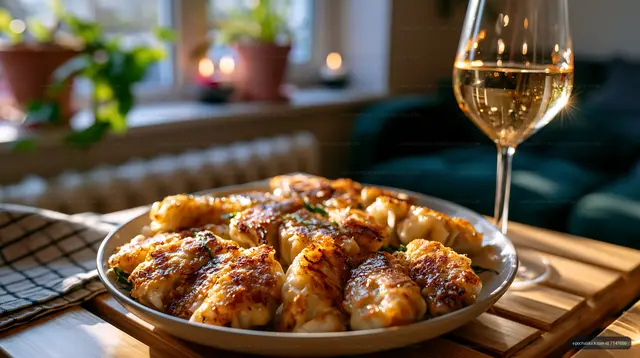 Dishes of grilled seafood with a glass of white wine at home