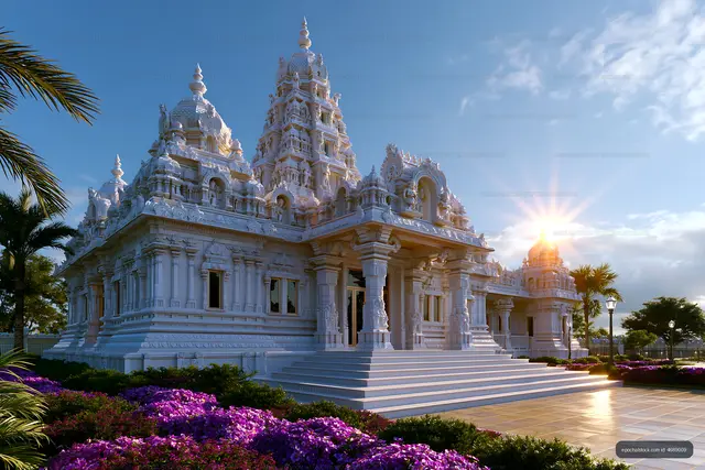 Sunrise at a Hindu temple surrounded by flowers