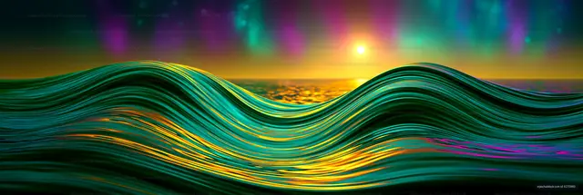 Colorful waves under sunset with northern lights in the background