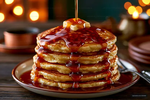 Stack of pancakes with syrup and butter on a wooden table