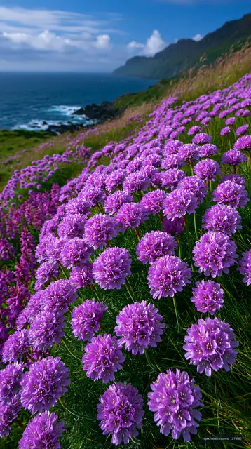 Purple flowers cover a hillside by the ocean under a clear sky