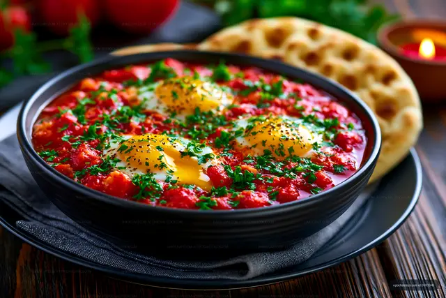 Eggs cooked in tomato sauce served with bread