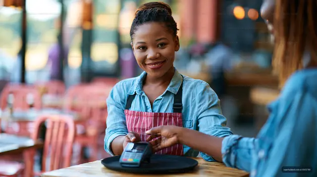 Waitress handing payment device to customer in cozy cafe