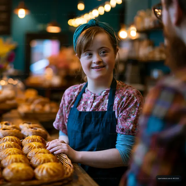 Girl at bakery smiling while serving bread to customer
