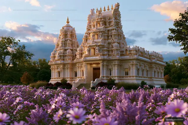 Hindu temple surrounded by flowers in a garden at sunset