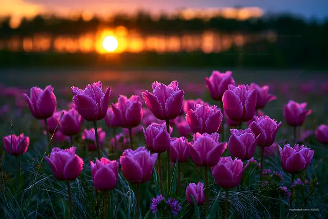Purple tulips blooming at sunset in a field