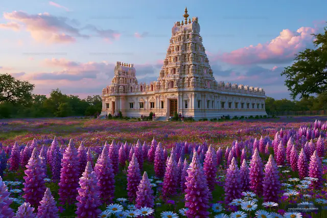 Temple surrounded by flowers in the sunset sky