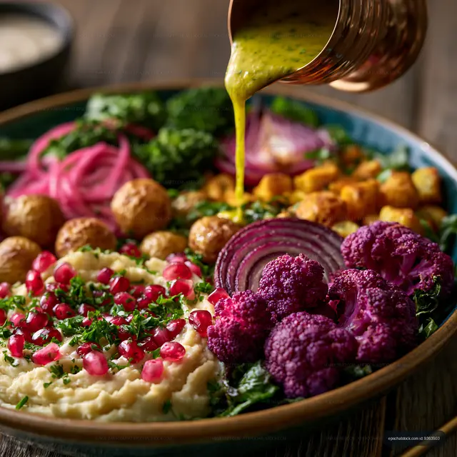 Colorful salad bowl with fresh vegetables and dressing