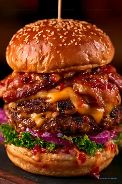 Juicy burger with bacon and cheese on a wooden board