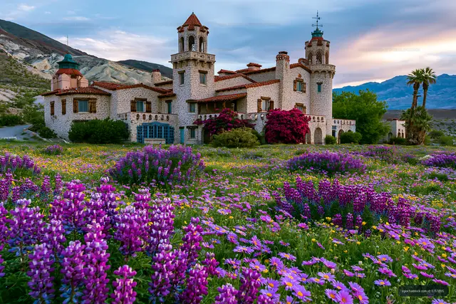 Flowering garden with historic mansion at sunset