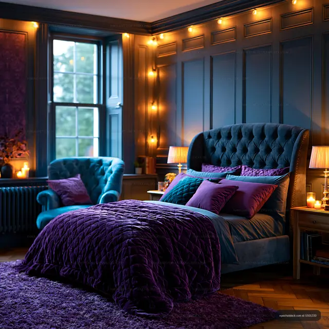 Cozy bedroom with purple decor and warm lighting