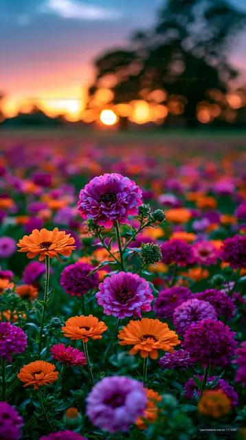 Colorful flowers blooming at sunset in a scenic field