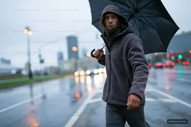 Rainy day walk with an umbrella on city street