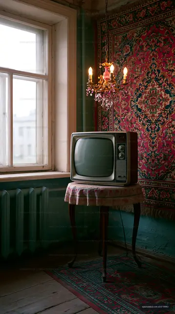 Vintage television in a room with a chandelier and patterned wallpaper