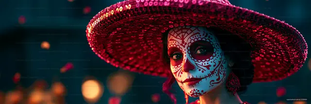 Woman wearing colorful hat and face paint during festival celebration