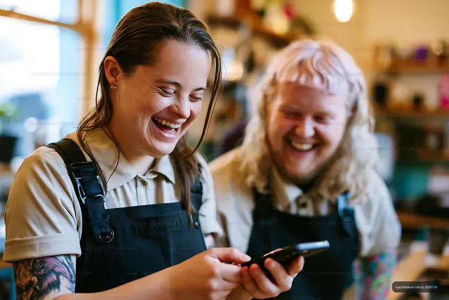Two baristas smiling and using a smartphone in a café setting
