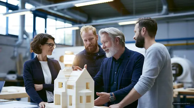 Team discussing model house design in workshop