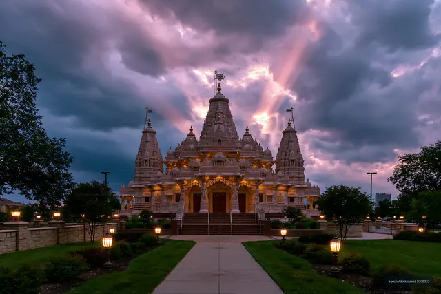 Beautiful temple under dramatic skies at sunset