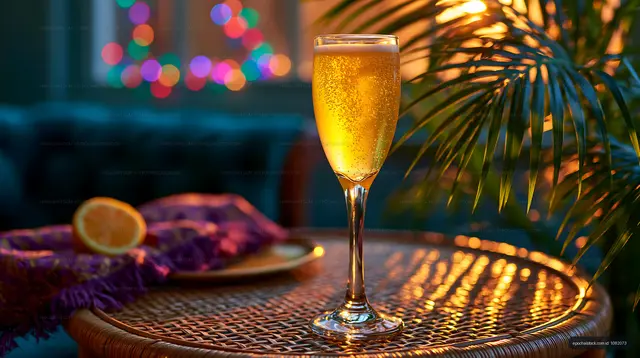 Cocktail glass on table with orange slice and lights in background